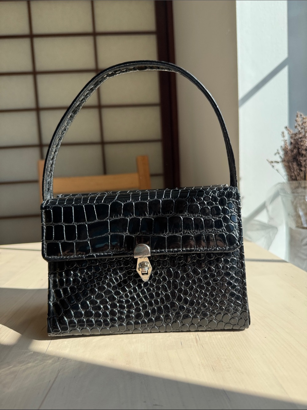 Vintage Kent Black Croc-Embossed Mini Top-Handle Bag